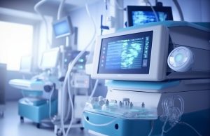 A hopital ward in blue light, monitoring equipment in the foreground.